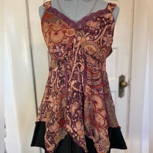 Vintage 90s Lace Paisley Tank Top Blouse w/ Hankerchief Hemline Womens Large 🏵️